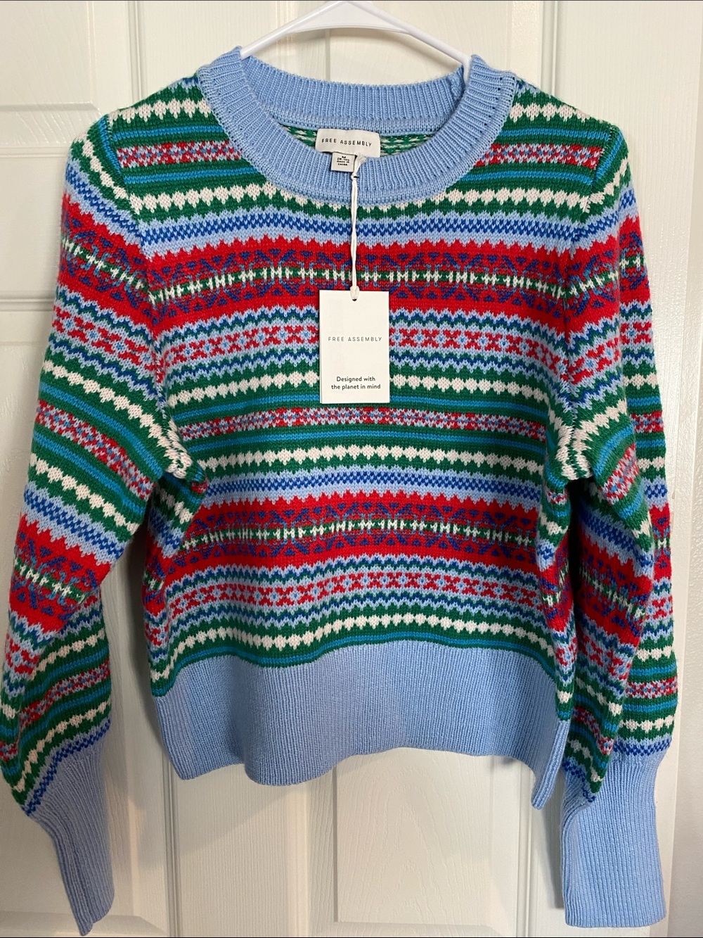 NWT Free Assembly Light Blue Multicolor Fair Isle Crewneck Sweater
